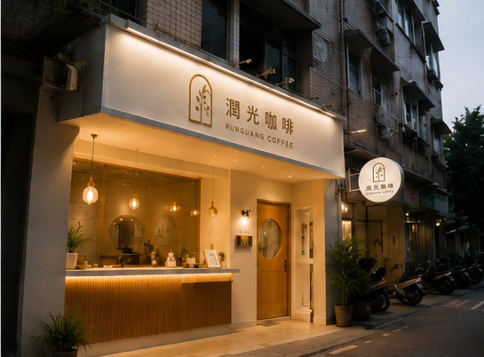 潤光咖啡夜間門面照