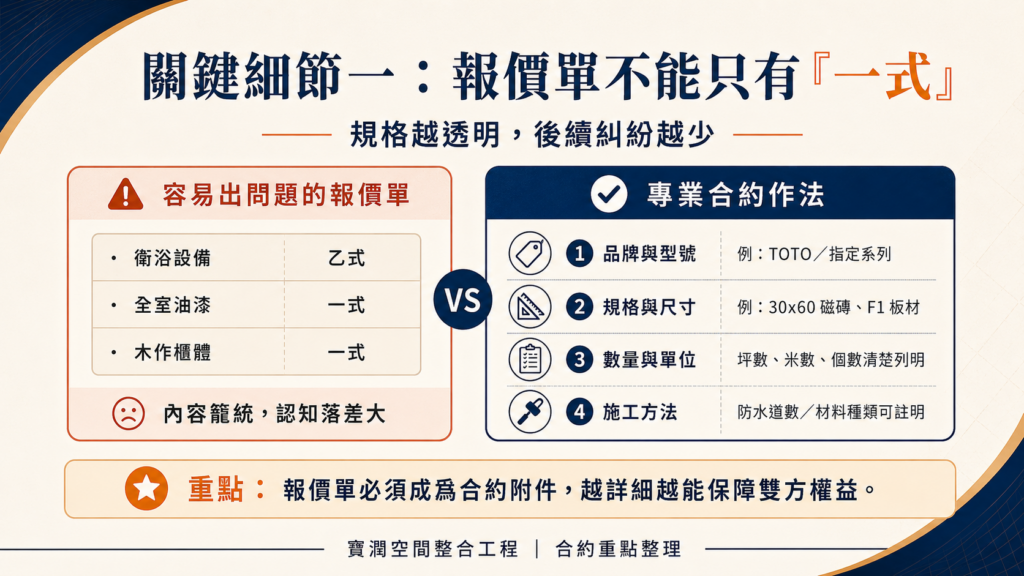 關鍵細節一：報價單不能只有「一式」，規格必須極致透明