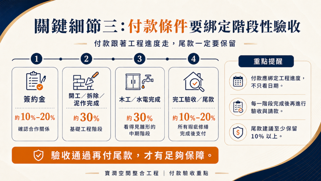 付款條件綁定階段性驗收｜裝潢合約付款比例｜寶潤空間整合工程