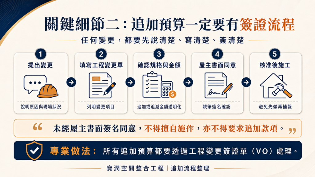 追加預算簽證流程｜裝潢合約工程變更單｜寶潤空間整合工程