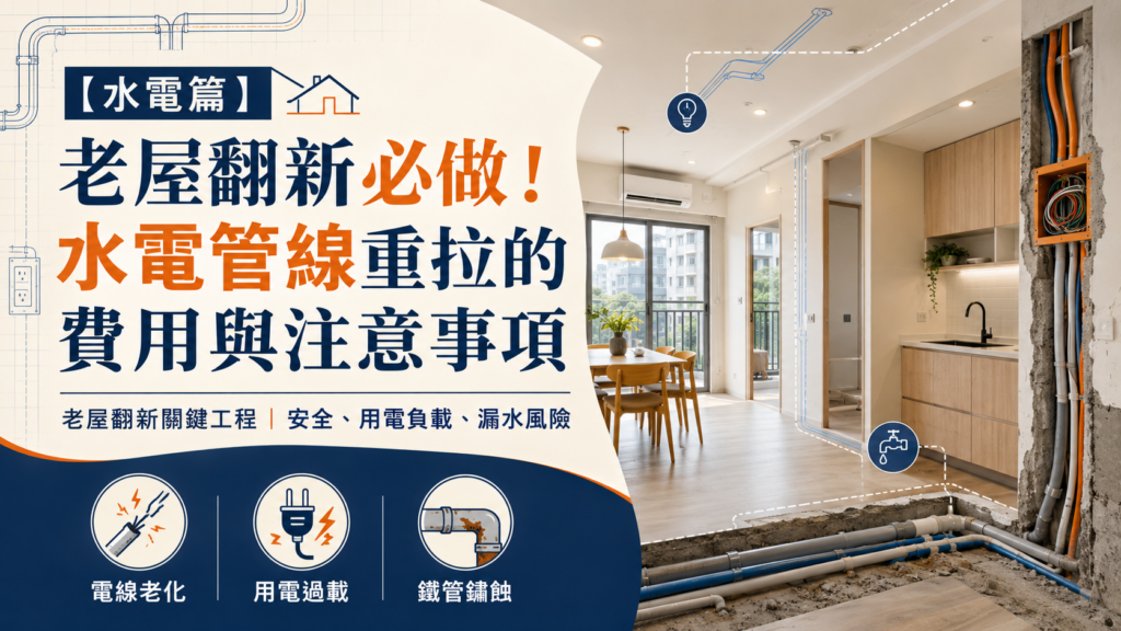 老屋翻新水電重拉重點示意圖，說明老屋翻新時水電管線重做的費用與注意事項，包含電線老化、用電過載與鐵管鏽蝕等常見問題。