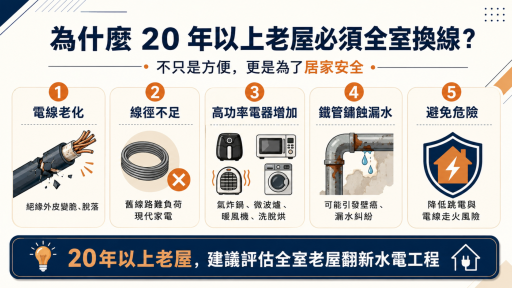 老屋翻新水電重做重點圖，說明20年以上老屋為何建議全室換線，包含電線老化、線徑不足、高功率電器增加、鐵管鏽蝕漏水與居家安全風險。
