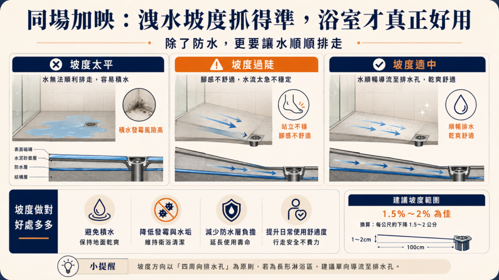 浴室洩水坡度設計｜浴室防水與排水坡度｜寶潤空間整合工程