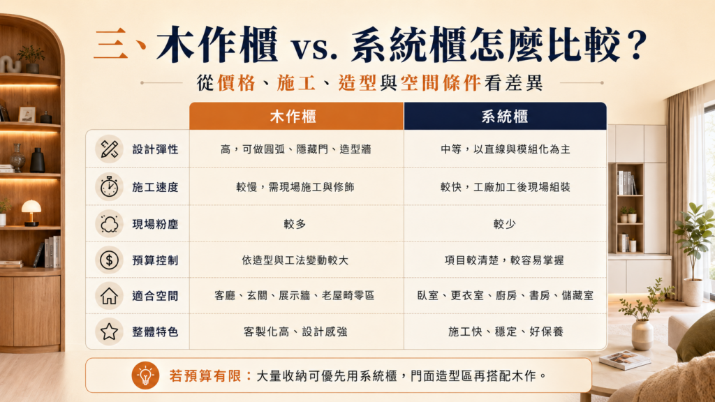 木作櫃vs系統櫃比較表｜價格施工造型空間條件差異｜寶潤空間整合工程