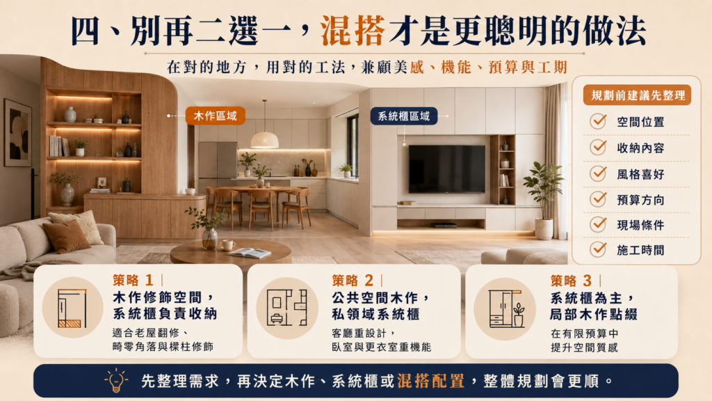 木作櫃與系統櫃混搭設計｜室內裝潢收納規劃｜寶潤空間整合工程